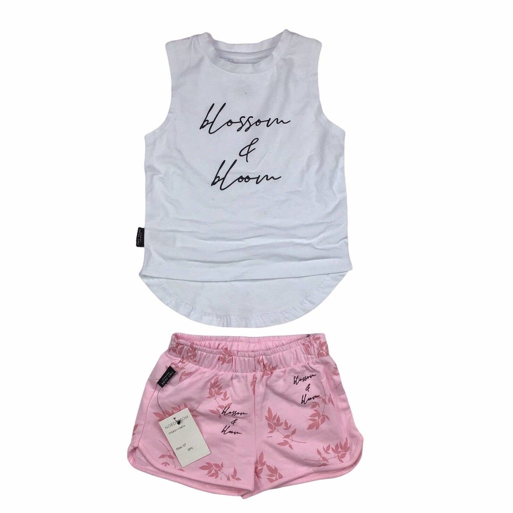Tiny Tribe Blossom & Bloom Toddler Sleeveless Top Short Set White, Pink Girls 3T